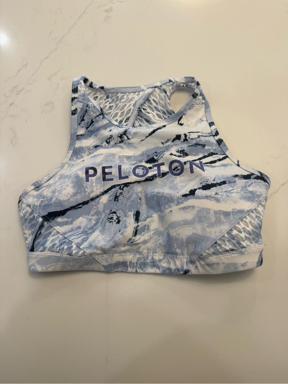 Peloton Marble-Print High-Neck Swim Bikini Top - Light Blue & White
